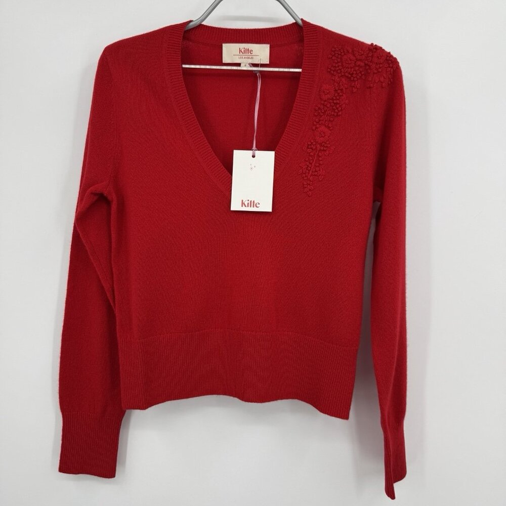 Kilte Collection 100% Washable Cashmere Celine V-Neck Sweater Cherry Red sz 0 XS